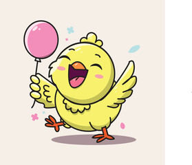 A happy yellow chick holds pink balloon joyfully running.