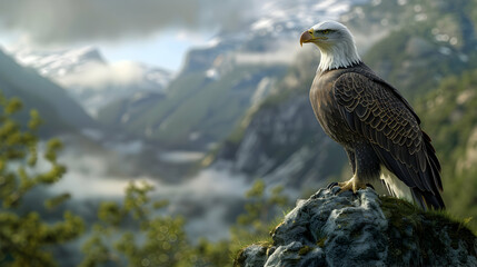 Majestic Bald Eagle Perched on Rocky Outcrop in Serene Landscape