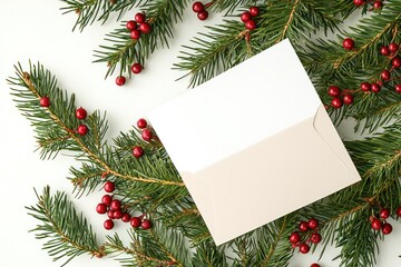 Overhead view a blank card and envelope resting on fir branches with berries, white background