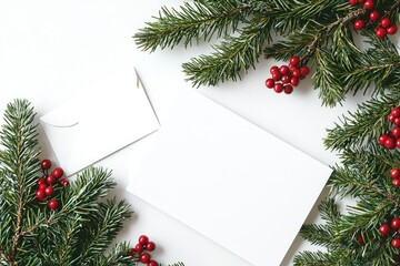Overhead view a blank card and envelope resting on fir branches with berries, white background