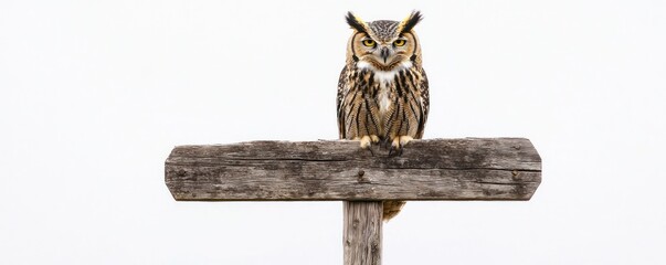 Owl perching on a wooden signpost in a scenic landscape, white background