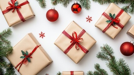Overhead view wrapped gifts, ornaments, and fir branches on a festive background, white background