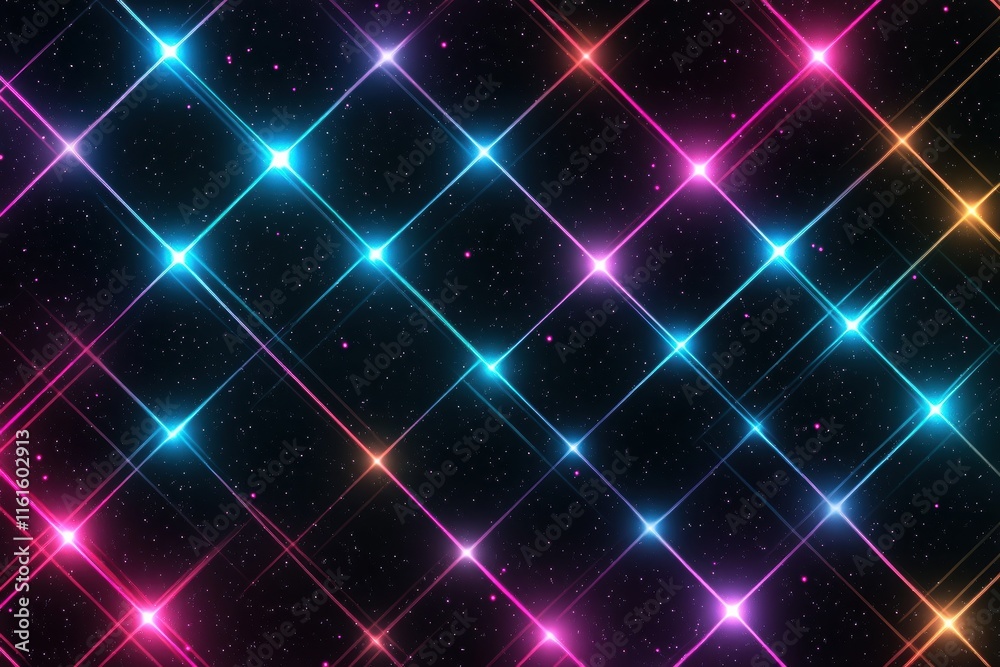 Aufkleber vibrant retro 1990s grid pattern featuring neon colors and sparkling effects on a black background. 