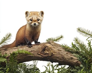 Pine marten perched on a log in a dense forest setting, white background