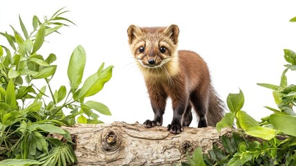 Pine marten standing on a log surrounded by lush greenery, white background