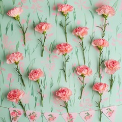 Pink carnations laid out on a pastel background with a floral banner