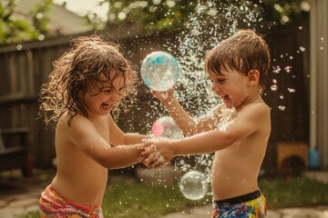 Playful siblings having a fun water balloon fight in a backyard