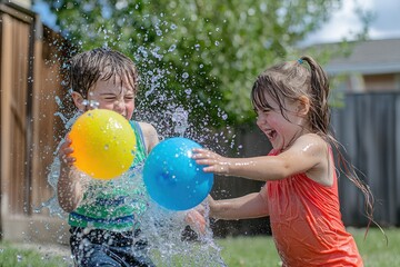 Playful siblings having a fun water balloon fight in a backyard