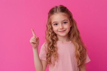Pretty young girl indicating an empty space with her finger, set against a pink backdrop