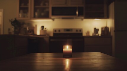 Dark room with single candle flickering on wooden table during power outage, creating serene atmosphere with soft glow illuminating scattered items.
