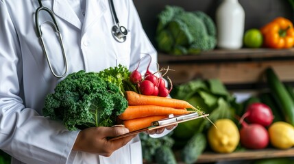 A healthcare professional holds fresh vegetables, promoting healthy eating and nutrition.