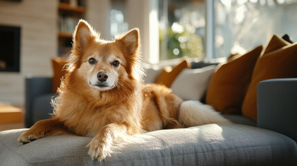 A serene dog with reddish fur lounges on a comfortable gray couch in a sunlit living room, exuding warmth and tranquility in this peaceful setting.