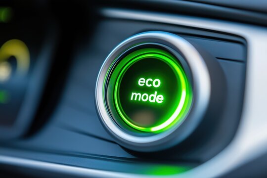 Eco mode indicator light illuminated on modern car dashboard in dark interior