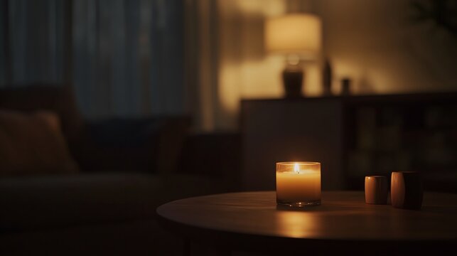 Dark room with single candle flickering on wooden table during power outage, creating serene atmosphere with soft glow illuminating scattered items.