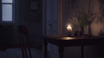Dark room with single candle flickering on wooden table during power outage, creating serene atmosphere with soft glow illuminating scattered items.