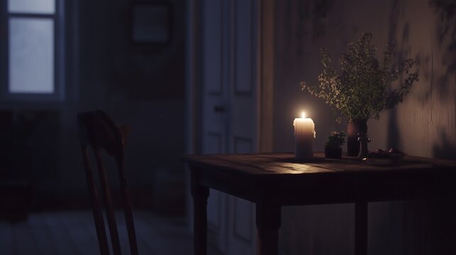Dark room with single candle flickering on wooden table during power outage, creating serene atmosphere with soft glow illuminating scattered items.