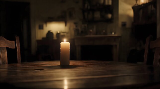 Dark room with single candle flickering on wooden table during power outage, creating serene atmosphere with soft glow illuminating scattered items.