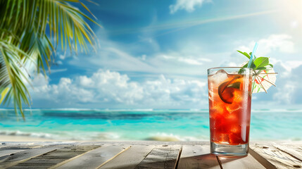 Refreshing Tropical Cocktail on a Beachside Table with Ocean View