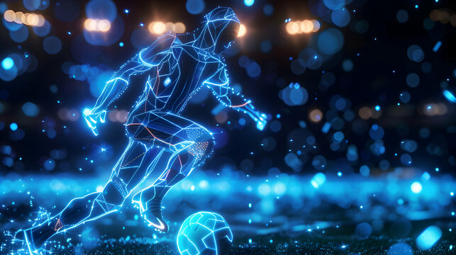 Futuristic Soccer Player in Neon Lines Performing a Dynamic Kick - Powered by Adobe