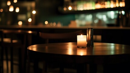 Dark room with single candle flickering on wooden table during power outage, creating serene atmosphere with soft glow illuminating scattered items.