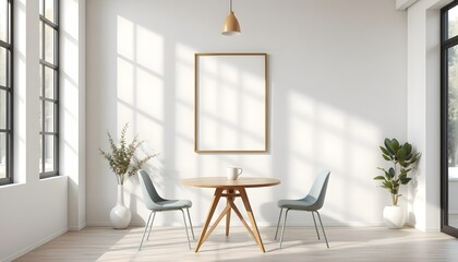 minimalist dining area with frame mockup, wooden table, modern chairs, pendant light, soft natural light, neutral tones, clean design, Scandinavian decor, bright and elegant