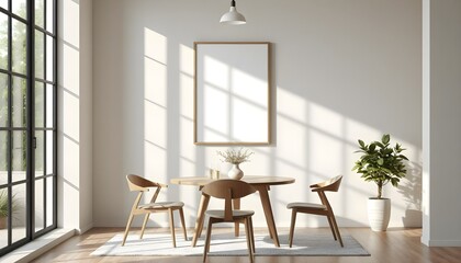 minimalist dining area with frame mockup, wooden table, modern chairs, pendant light, soft natural light, neutral tones, clean design, Scandinavian decor, bright and elegant
