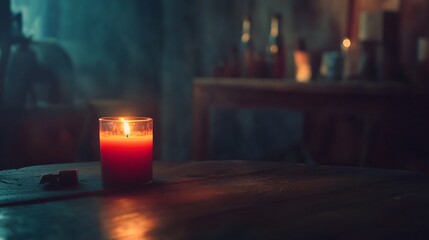 Dark room with single candle flickering on wooden table during power outage, creating serene atmosphere with soft glow illuminating scattered items.
