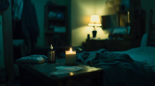 Dark room with single candle flickering on wooden table during power outage, creating serene atmosphere with soft glow illuminating scattered items.