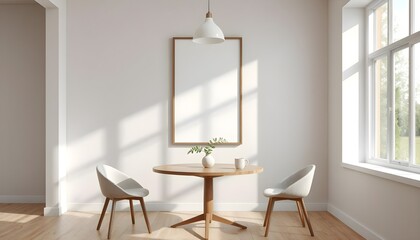 minimalist dining area with frame mockup, wooden table, modern chairs, pendant light, soft natural light, neutral tones, clean design, Scandinavian decor, bright and elegant