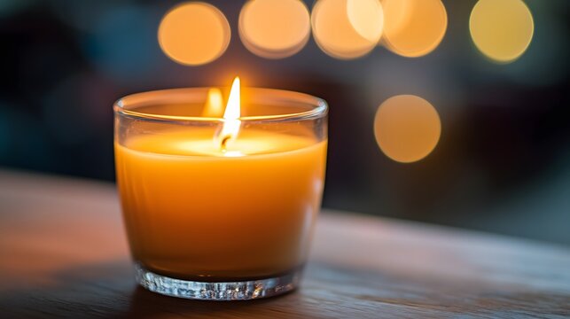 Dark room with single candle flickering on wooden table during power outage, creating serene atmosphere with soft glow illuminating scattered items.