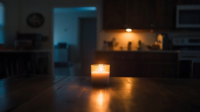 Dark room with single candle flickering on wooden table during power outage, creating serene atmosphere with soft glow illuminating scattered items.