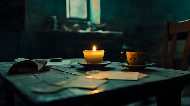 Dark room with single candle flickering on wooden table during power outage, creating serene atmosphere with soft glow illuminating scattered items.