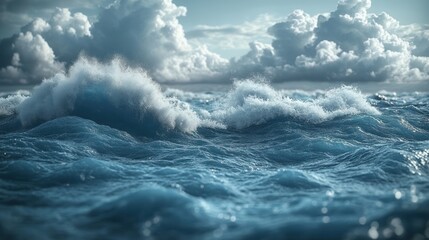 Dramatic ocean waves under stormy sky.