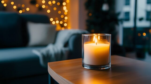 Dark room with single candle flickering on wooden table during power outage, creating serene atmosphere with soft glow illuminating scattered items.