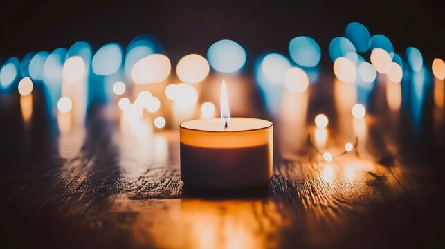 Dark room with single candle flickering on wooden table during power outage, creating serene atmosphere with soft glow illuminating scattered items.