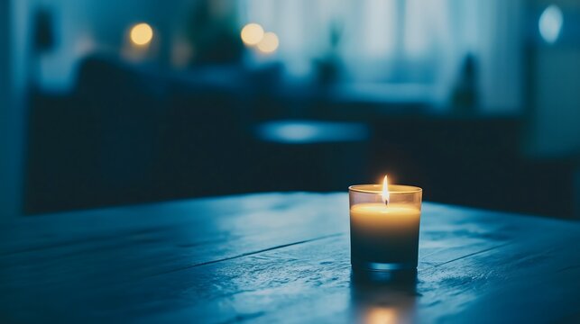 Dark room with single candle flickering on wooden table during power outage, creating serene atmosphere with soft glow illuminating scattered items.