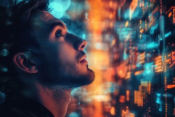 Young man looking on wall with digital code overlay, cybersecurity and digital education.