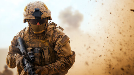 Fototapeta premium A fully equipped soldier moves through a battlefield as debris flies around, embodying resilience and dedication in a dynamic and chaotic environment.
