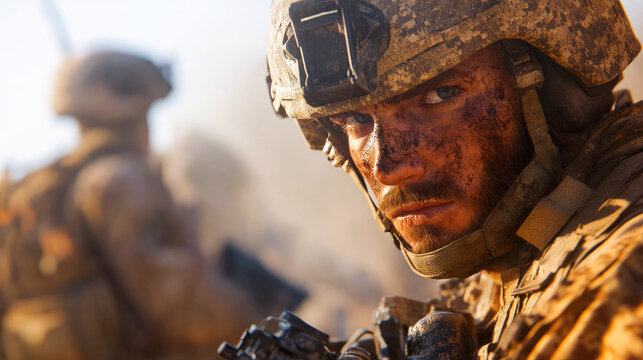 A soldier covered with dirt and holding a rifle looks intensely to the side, exemplifying strong will and readiness in a harsh combat environment.