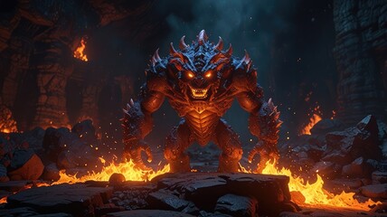 Obraz premium laptop wallpaper gaming ,Epic boss fight in a lava-filled dungeon with fire effects