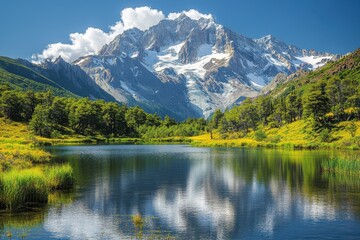 Fototapeta premium serene mountain lake surrounded by untouched green wilderness of forest 