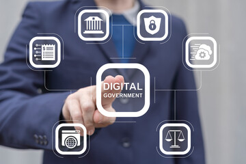 Person using virtual touch screen push inscription: DIGITAL GOVERNMENT. Virtual Government Gateway. Digital Government Sector. E Government Services. Modern electronic governance technologies.