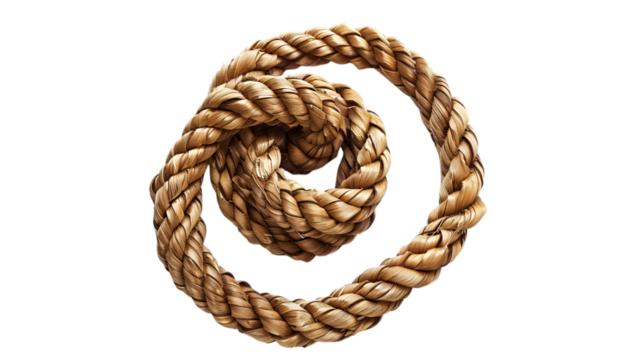 Coiled and curled natural rope, isolated on white background 