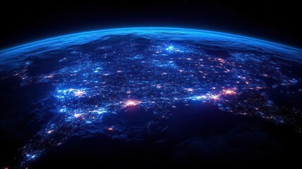 Obraz premium Earth's nighttime city lights illuminating Eurasia from space.