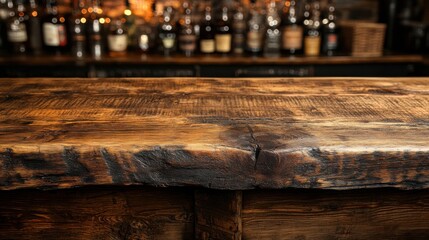 Rustic Wooden Bar Countertop with Textured Finish and Blurred Background of Bottles in a Cozy Home Bar Setting, Perfect for Inviting Atmosphere in Interiors