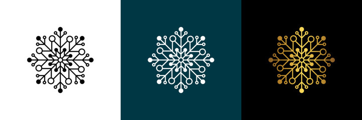 Symmetrical circular graphic for logotype, snowflake. Vector circular pattern. Color black, white, gold. Isolated design element for themes abstract geometrical modern decoration round logo template.