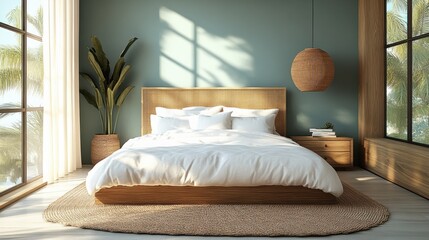 A stylish Scandinavian bedroom featuring a low-profile bed with crisp white linens, a natural wood headboard, and a pendant light, set against a muted pastel wall