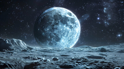 Surreal Lunar Landscape with Distant Celestial Body in Night Sky