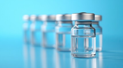 Row of clear glass vials with silver caps on a blue background.