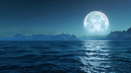 Serene Night Landscape with Full Moon Over Calm Water Surface